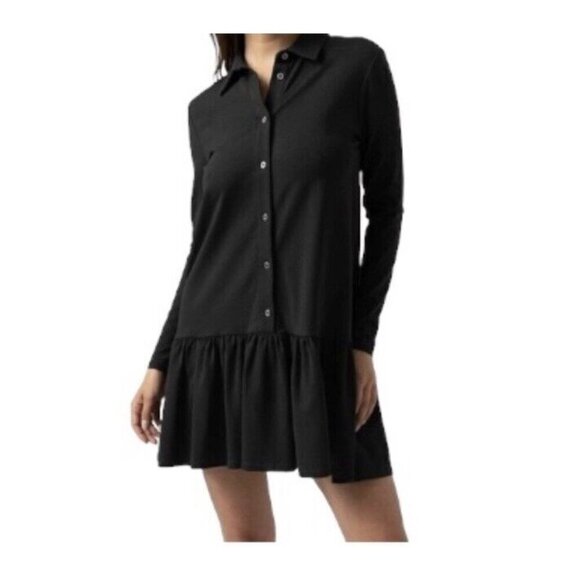 Theory Black Button Down Long Sleeve Collared Peplum Preppy Shirt Dress Size 0 - Picture 1 of 10